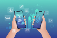 Smartphones exchanging a Swft Connect-style digital business card with scanning waves, floating contact icons and subtle lead-capture analytics