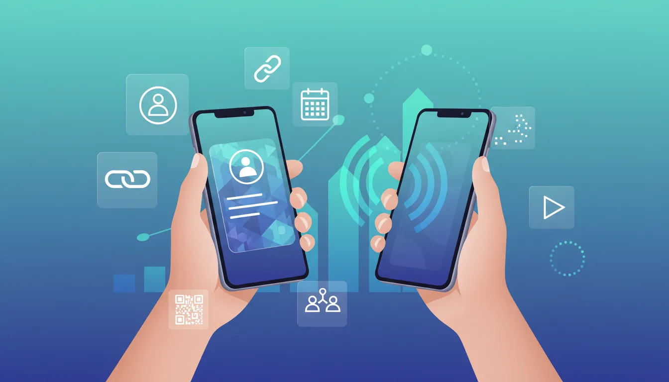 Smartphones exchanging a Swft Connect-style digital business card with scanning waves, floating contact icons and subtle lead-capture analytics
