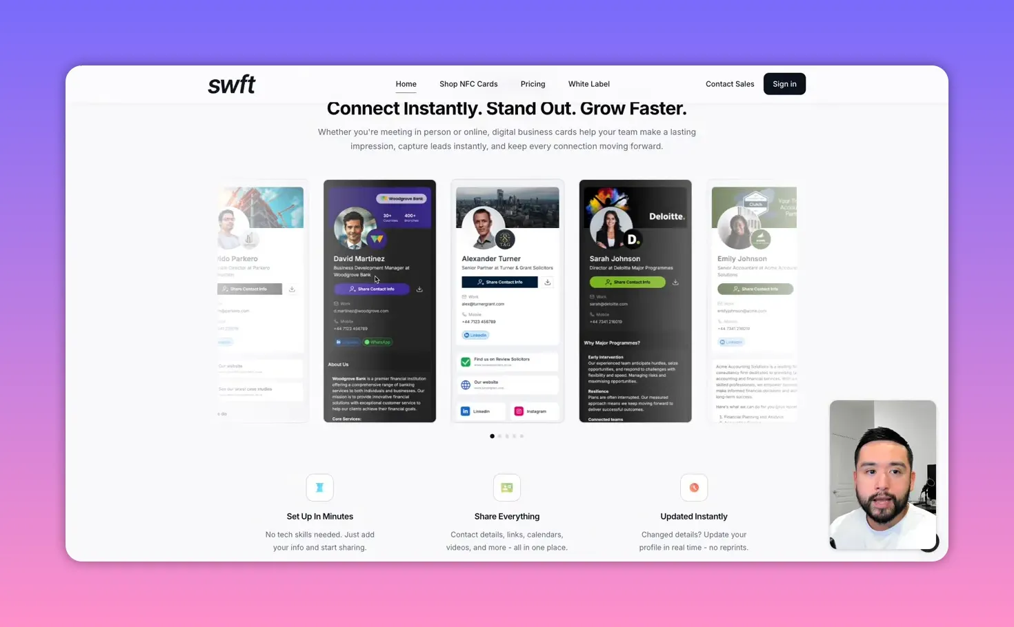 Crisp Swft Connect homepage hero showing multiple digital business card templates and the headline 'Connect Instantly. Stand Out. Grow Faster.'