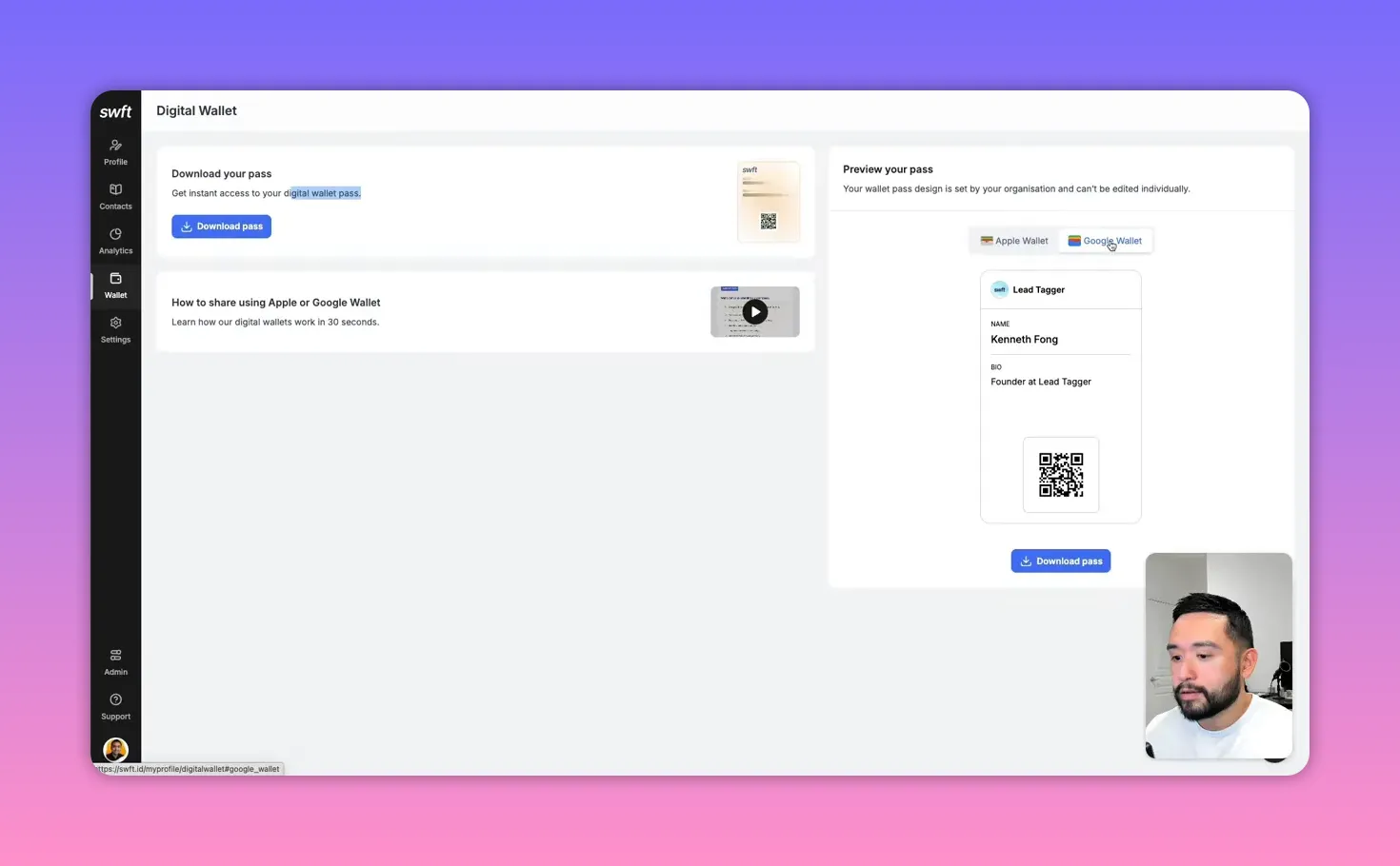 Swft Connect Digital Wallet page with Apple and Google Wallet buttons, a clear preview of a sample wallet pass (QR code visible) and the download pass button; presenter thumbnail visible bottom-right.