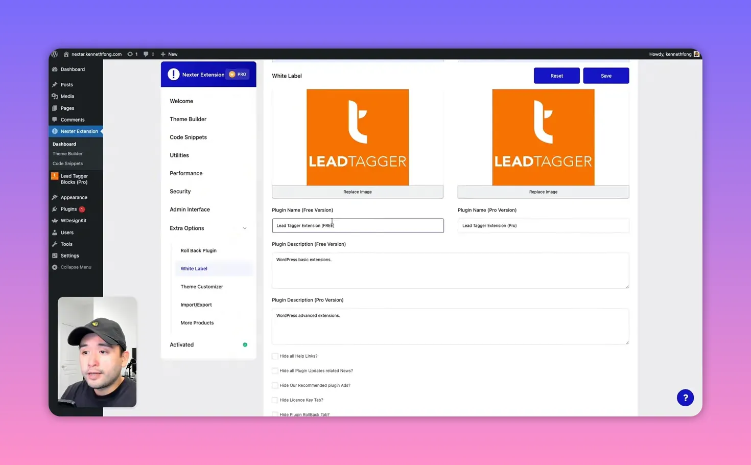 White label settings showing brand logos, plugin name fields and hide options checkboxes