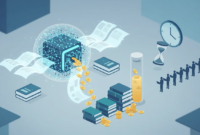 Abstract AI core generating stacks of nonfiction eBooks and glowing credit tokens, with a clock and a line of people suggesting a long wait for generated books