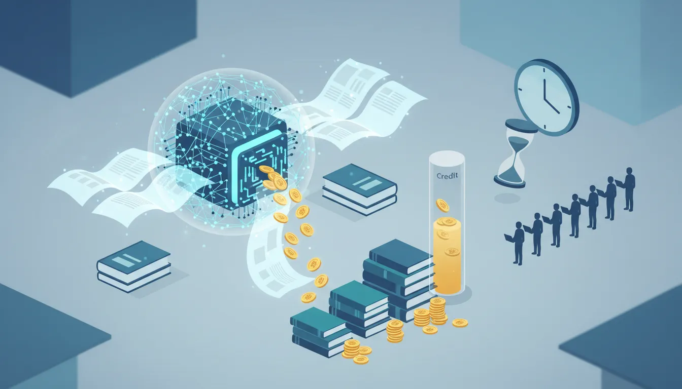 Abstract AI core generating stacks of nonfiction eBooks and glowing credit tokens, with a clock and a line of people suggesting a long wait for generated books