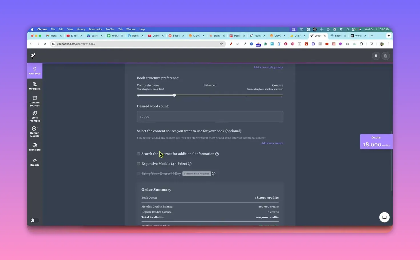 Clear Youbooks new-book UI showing desired word count, 'Search the internet' and 'Expensive Models (4x Price)' options plus order summary