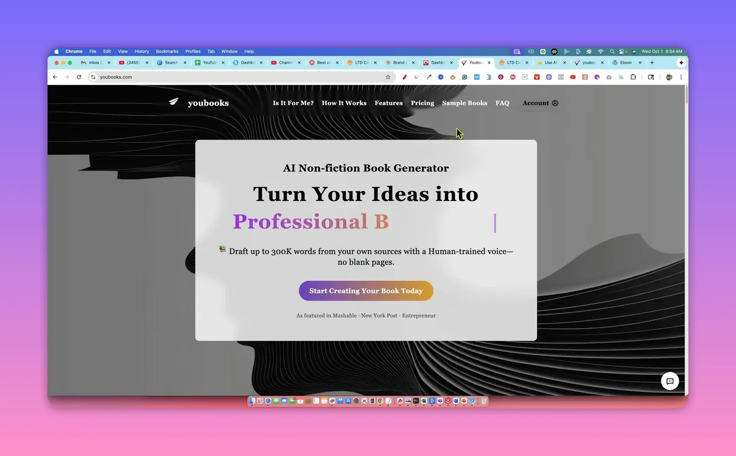 Youbooks website hero: 'Turn Your Ideas into Professional Books' with note about drafting up to 300K words