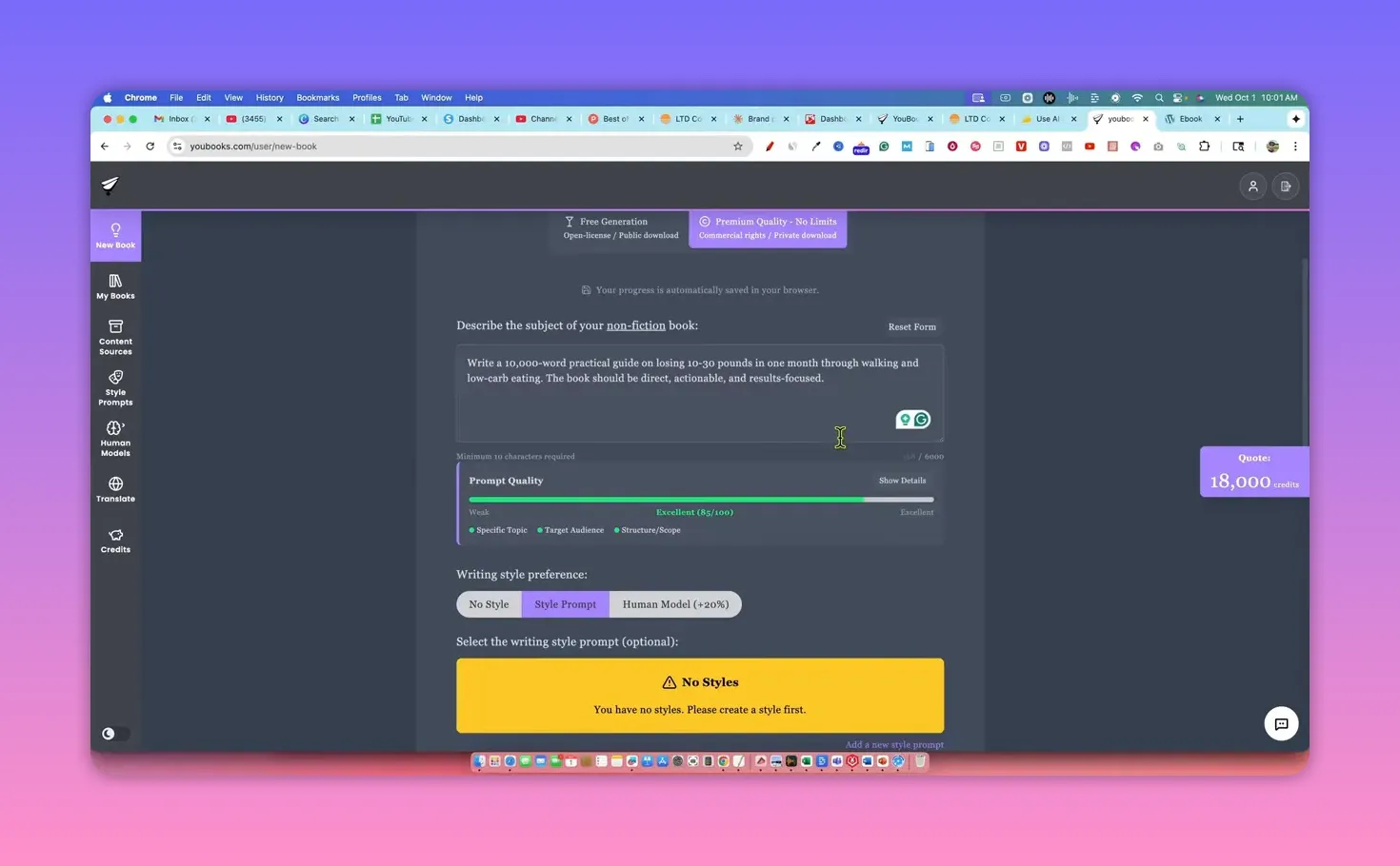 Youbooks create-a-book page showing subject prompt, prompt-quality score, and writing style preference buttons with 'No Styles' notice
