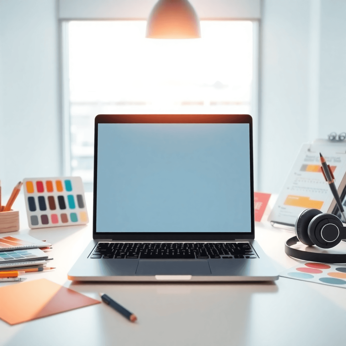 A bright modern workspace with a sleek laptop, sketchpads, color swatches, and headphones bathed in soft natural light, symbolizing creativity and focus.