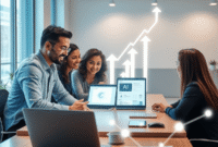 A bright modern workspace with business owners collaborating around a table, digital devices showing AI symbols and wireframes, with growth icons i...