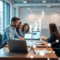 A bright modern workspace with business owners collaborating around a table, digital devices showing AI symbols and wireframes, with growth icons i...