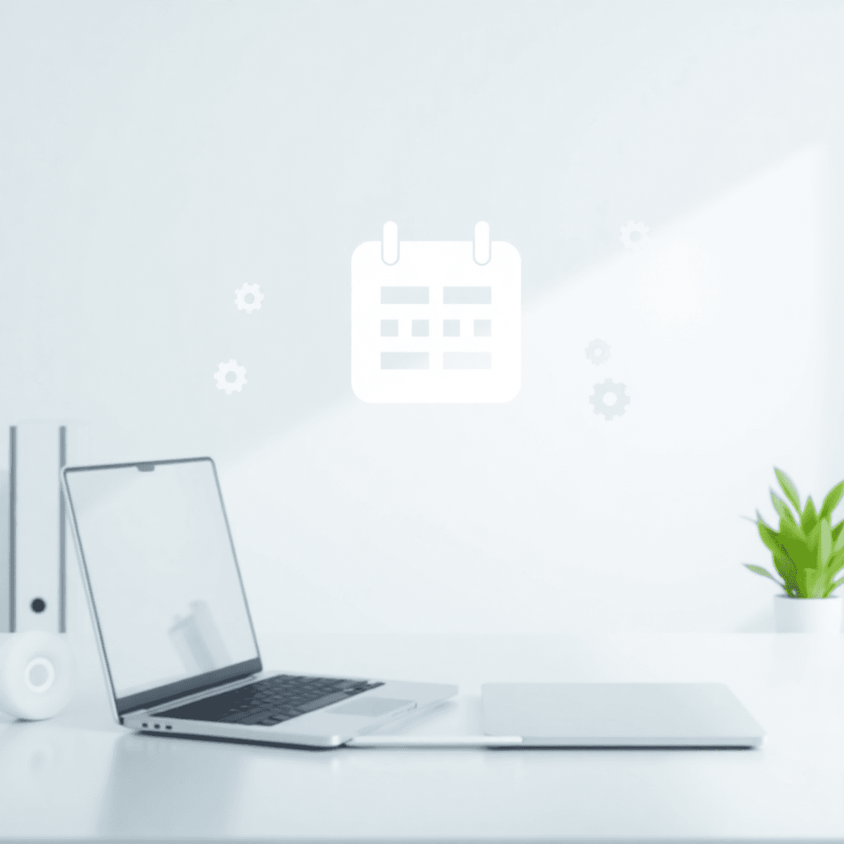 A modern workspace with a sleek laptop and abstract calendar icon surrounded by gear and puzzle symbols, set against a bright, professional background.