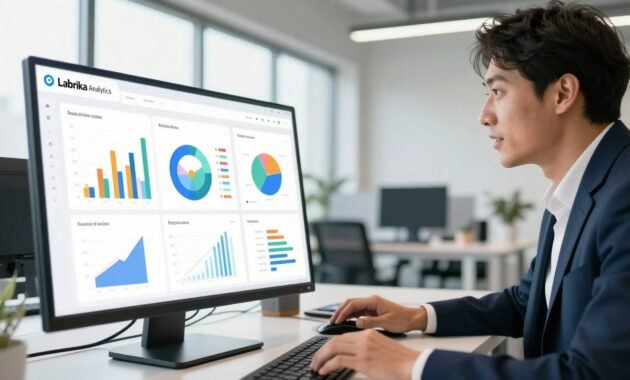 A sleek and modern Labrika Analytics Dashboard set in a bright, professional office environment. In the foreground, a sophisticated user interface displays colorful graphs, charts, and data visualizations designed for data-driven insights. The middle ground features a business professional in smart attire, intently analyzing the dashboard, with a look of concentration and enthusiasm. The background showcases a well-organized office with large windows letting in natural light, illuminating the space. The lighting is bright and inviting, promoting a sense of productivity. A slightly angled perspective adds depth, focusing on both the dashboard&rsquo;s intricate details and the professional&rsquo;s engaged expression. The overall mood is dynamic and motivating, reflecting innovation and the empowering nature of data analytics.