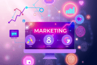 A vibrant digital marketing concept with colorful graphs, interconnected arrows, glowing nodes, Meta Ads and Google Ads icons, digital fingerprints...