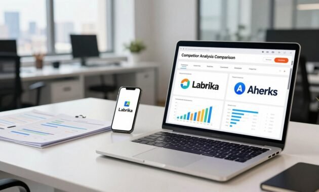 A visually striking, professional image of a digital workspace showcasing a "Competitor Analysis Comparison" between two SEO tools, Labrika and Ahrefs. In the foreground, display a sleek, modern laptop open to a vibrant dashboard interface filled with colorful graphs, charts, and analytics. The middle layer features a well-organized desk with scattered reference materials and a smartphone displaying the logos of both tools. In the background, an office scene illuminated by natural light streaming through large windows, with a city skyline visible, enhancing a productive atmosphere. The overall mood should be focused and analytical, inviting the viewer to engage with the comparison. The scene is framed at a slight angle to create depth, with soft lighting highlighting the workspace without harsh shadows.