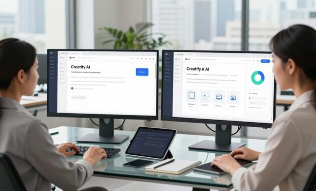 A well-lit modern office environment featuring two side-by-side comparison screens displaying the Creatify AI interface and alternative AI tools. In the foreground, a professional woman in business attire, thoughtfully analyzing the screens with a laptop in hand. In the middle, a sleek, glass-topped desk with a digital tablet and notebooks, enhancing a creative workspace vibe. The background shows a bright, airy room with large windows revealing a city skyline, and plants adding a touch of nature. Soft, natural lighting illuminates the scene, creating a focused yet inspiring atmosphere. The composition captures a moment of innovation and creativity, ideal for illustrating a comparison of AI tools.