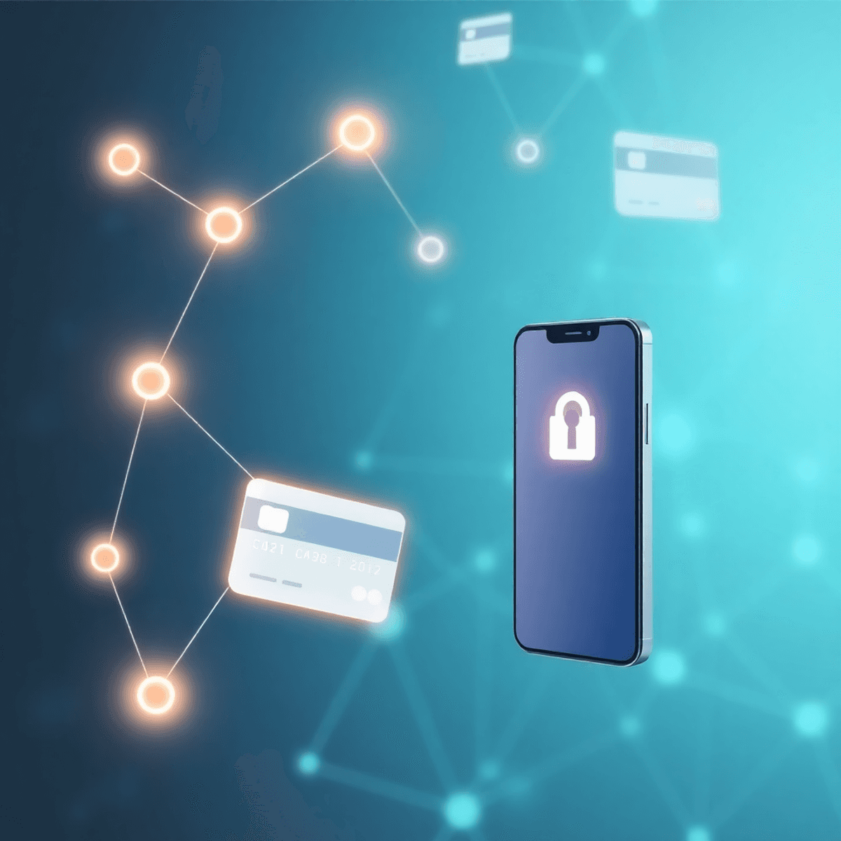 Abstract digital payment concept with glowing nodes, credit card and mobile icons, and floating currency symbols on a soft blue-green futuristic background.