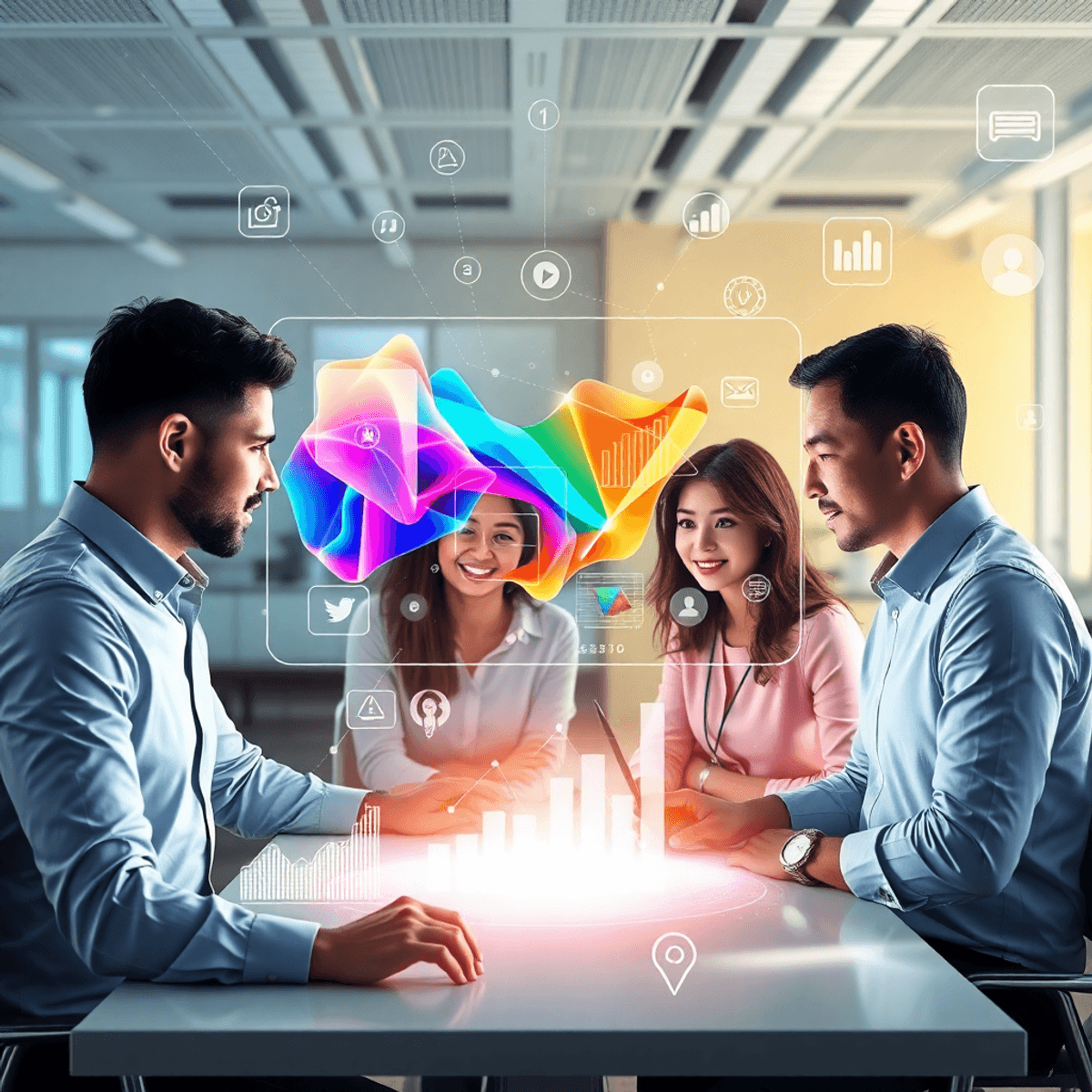 Marketing team collaborating around holographic screens with colorful AI-driven ad visuals and icons in a bright, modern office setting.