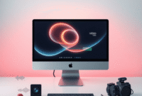 Modern workspace with a Mac showing glowing abstract shapes for video editing, surrounded by icons of audio waves, camera lenses, and motion effect...