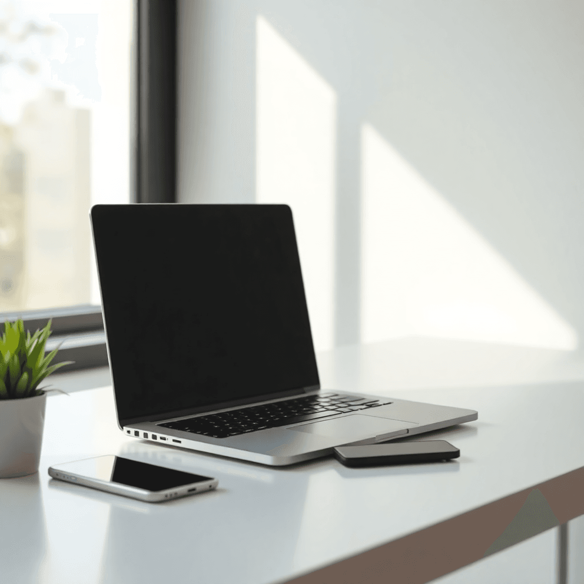 Modern workspace with a sleek laptop and smartphone on a minimalist desk, natural light, and abstract connectivity icons floating above the devices.