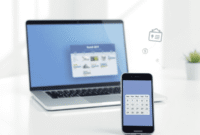 Modern workspace with laptop and smartphone showing calendar and scheduling icons, surrounded by digital network lines and payment symbols on a bri...