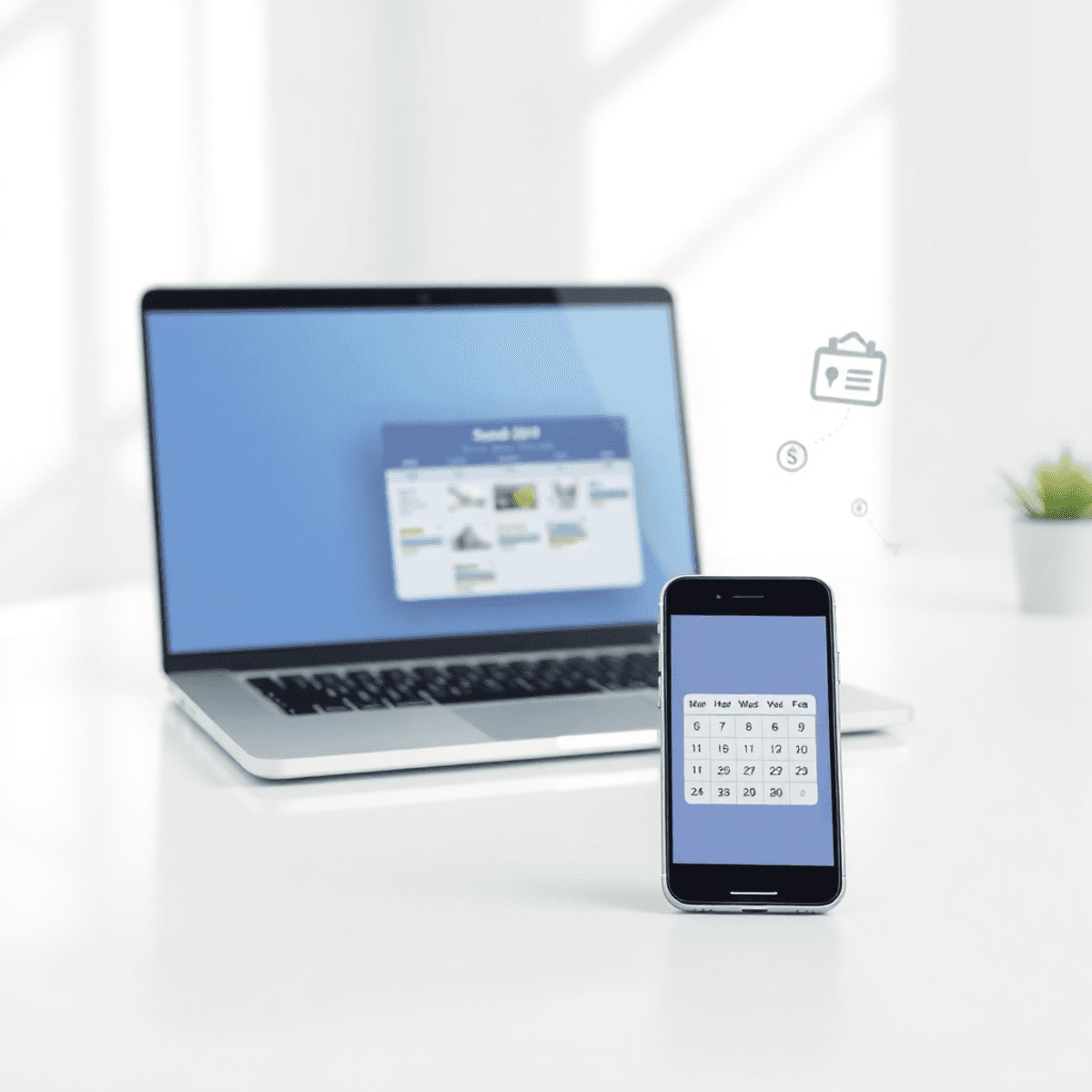 Modern workspace with laptop and smartphone showing calendar and scheduling icons, surrounded by digital network lines and payment symbols on a bri...