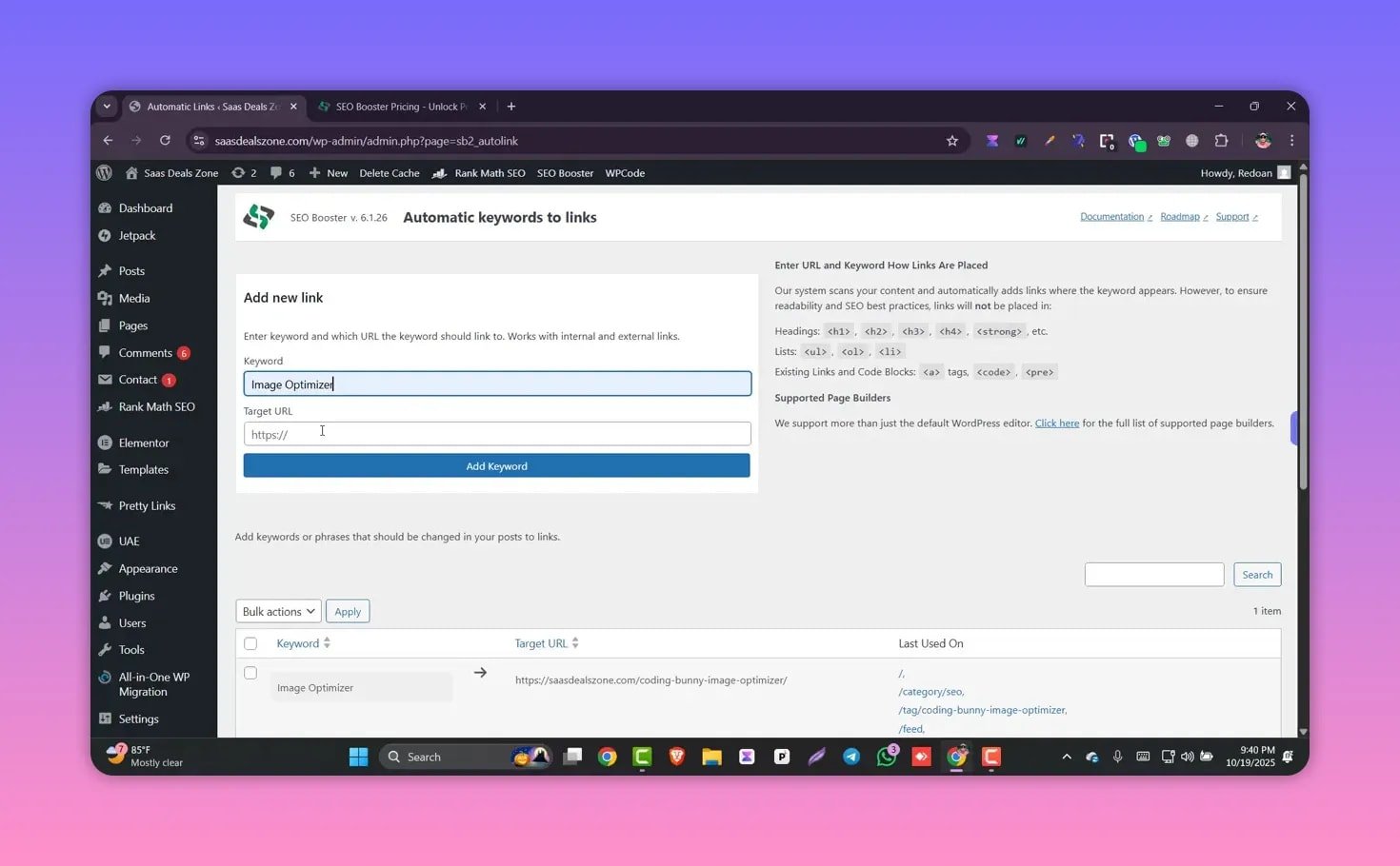 SEO Booster automatic internal linking screen with keyword 'Image Optimizer' entered and Add Keyword button visible