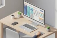 Stylized isometric CRM dashboard illustration on a laptop and monitor showing Kanban pipeline, lead cards, calendar and email icons on a minimalist desk