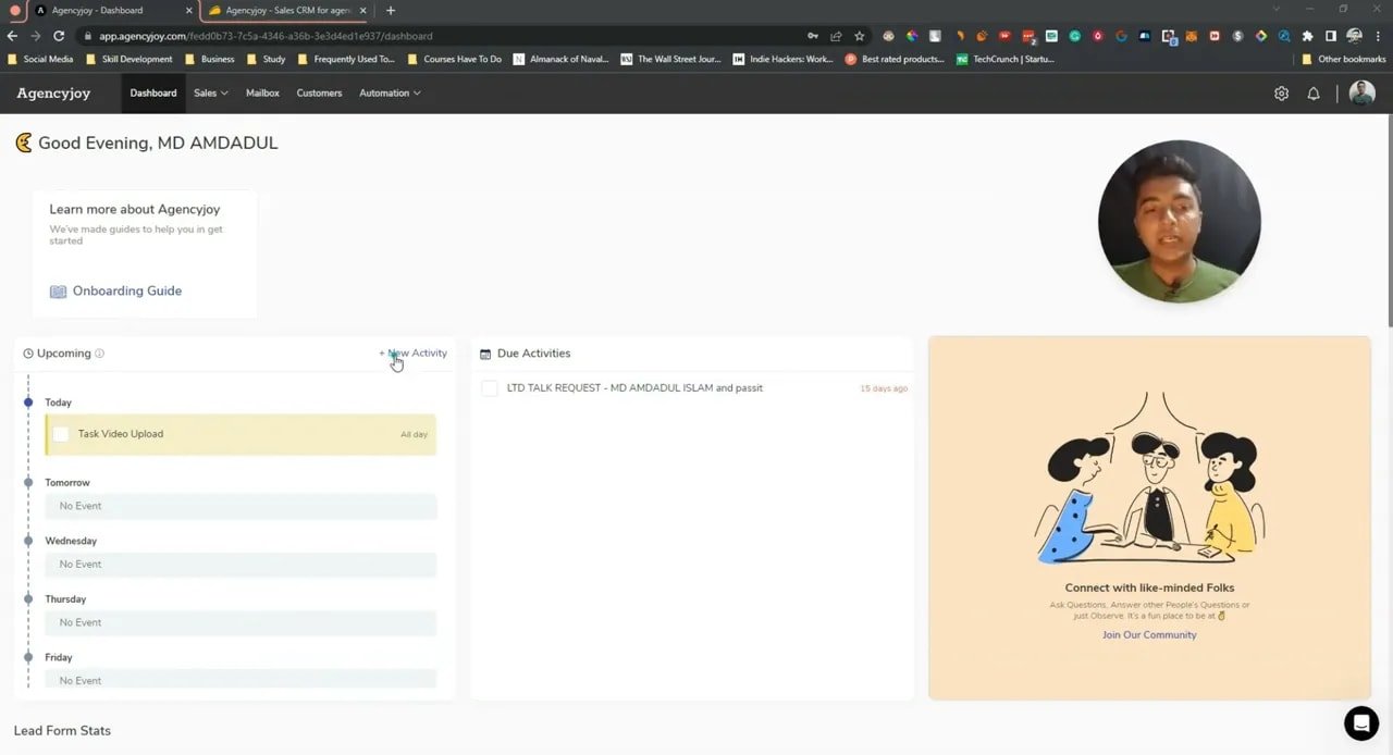 Agencyjoy dashboard showing upcoming activities, due activities, and a community panel on the right