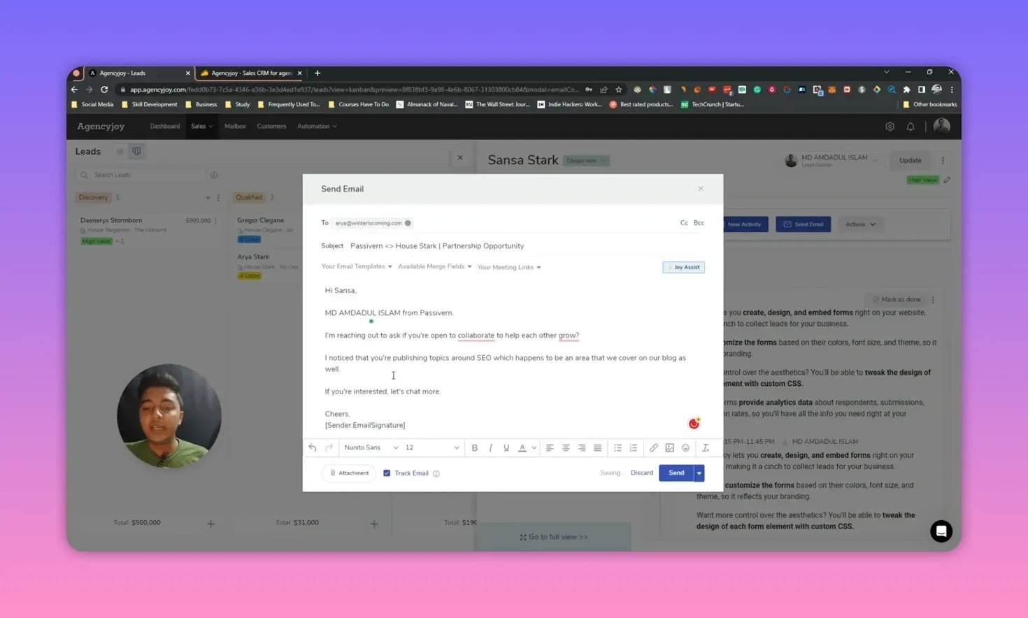Agencyjoy email composer showing subject line and full message body ready to send