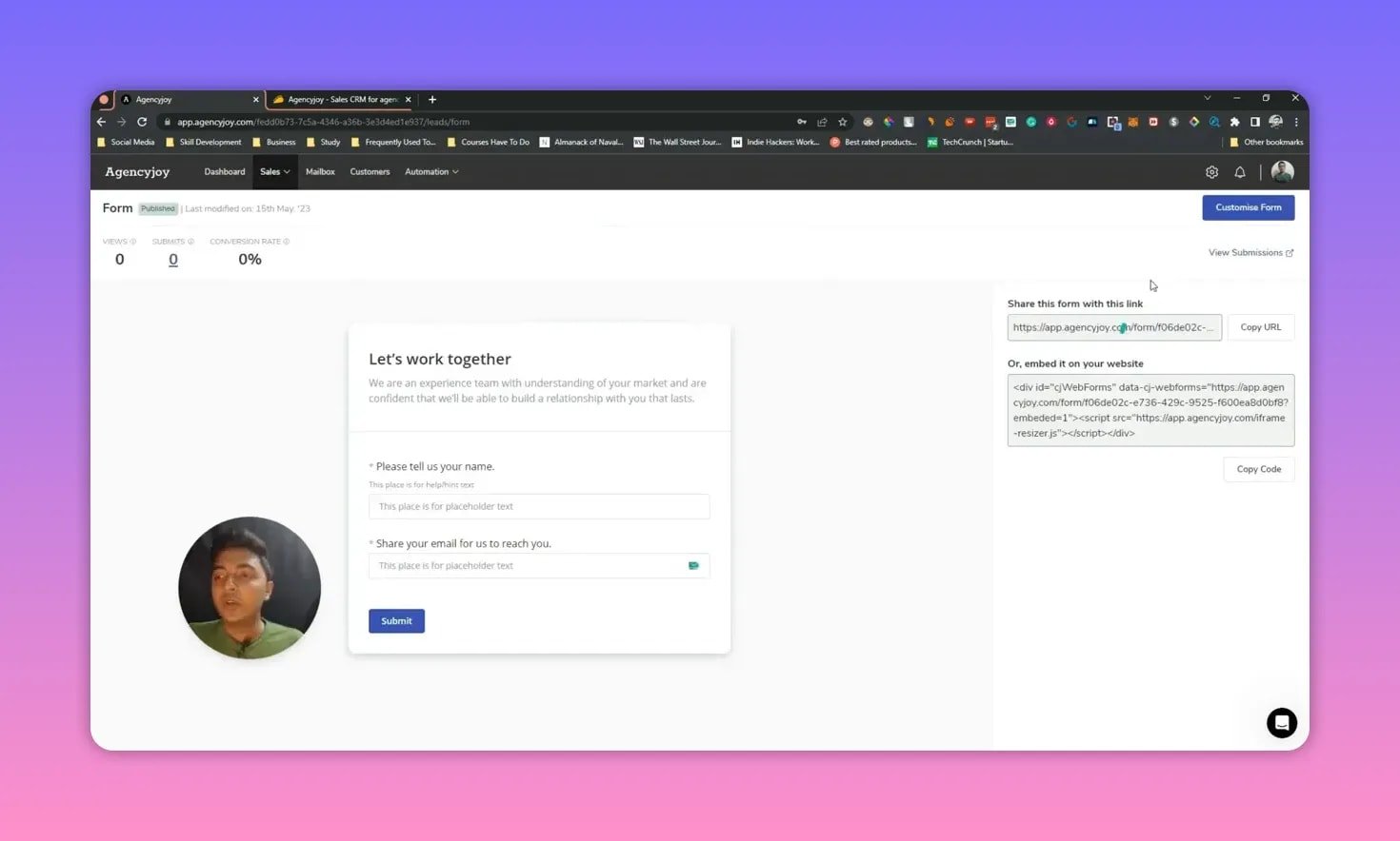 Agencyjoy form preview showing shareable URL and embed code beside the live form