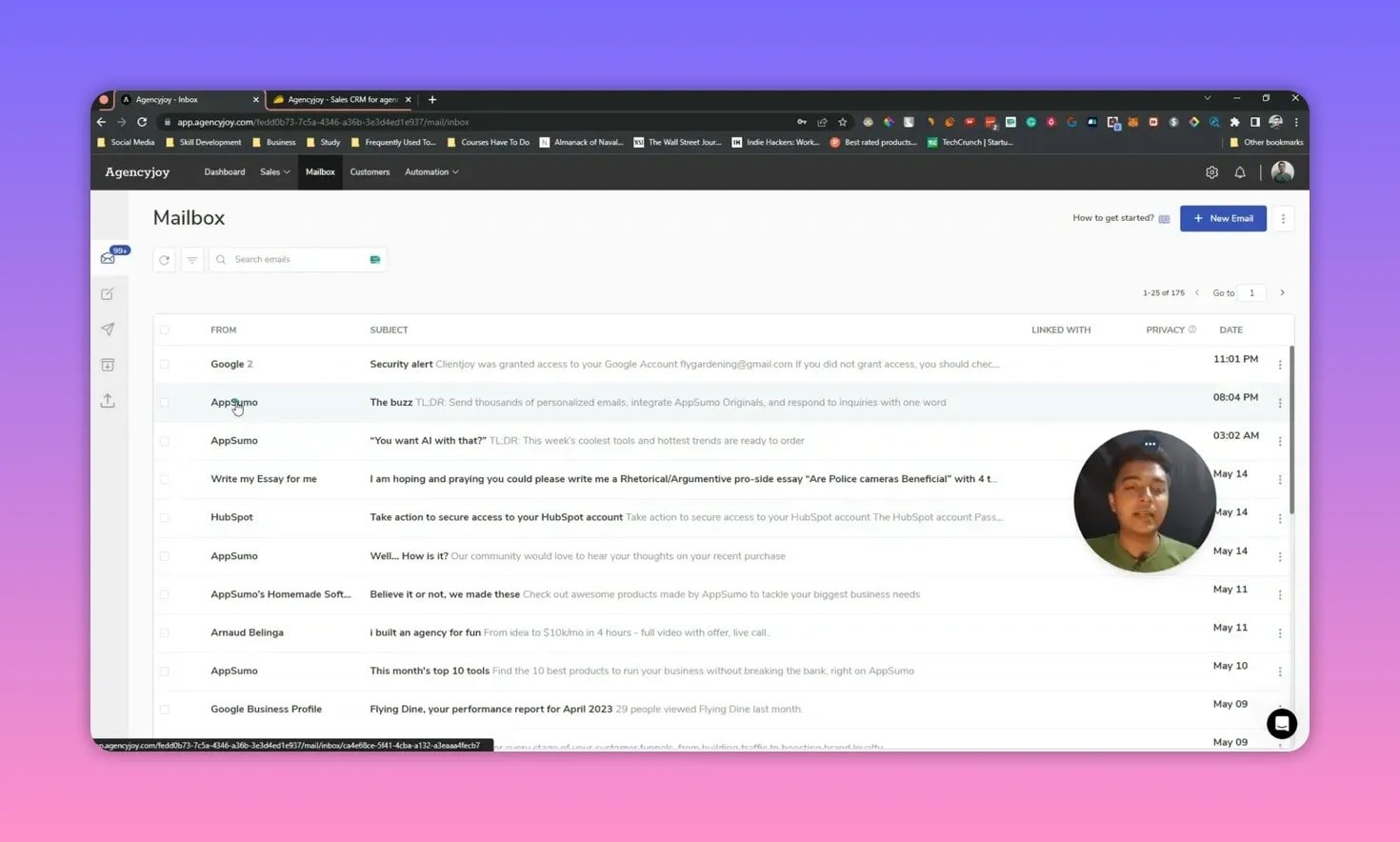 Agencyjoy Mailbox inbox view showing list of emails, subject lines and New Email button