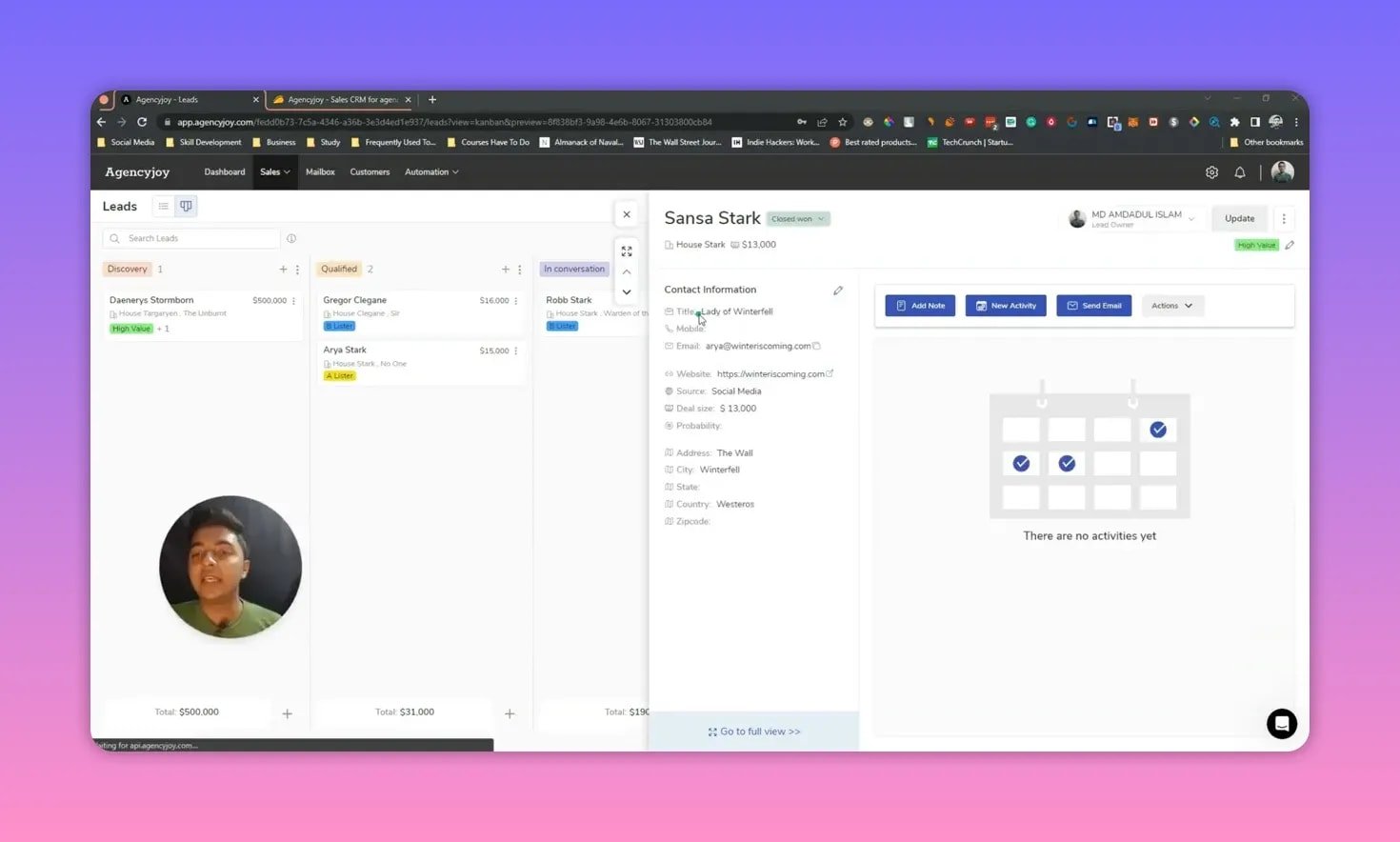 Agencyjoy lead detail panel open for a contact showing contact information, deal size and empty activity area
