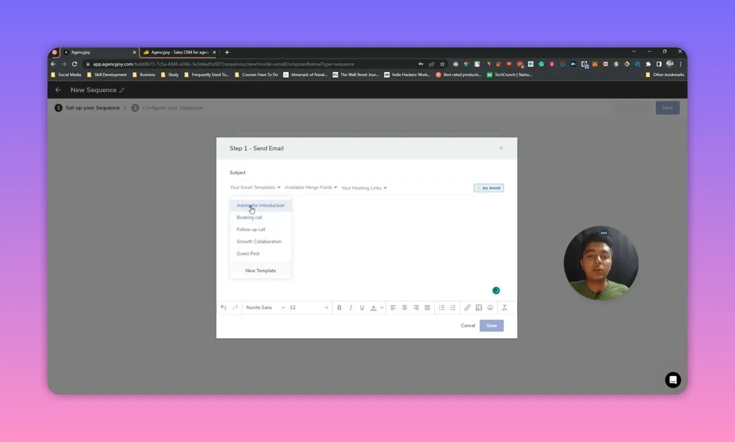 Agencyjoy 'Step 1 - Send Email' composer modal with the email templates dropdown open