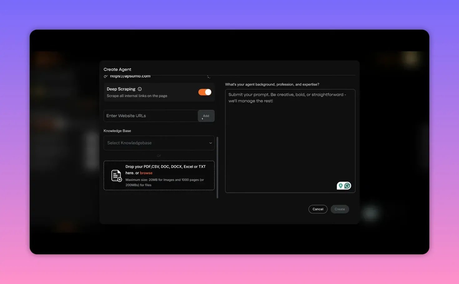 Qolaba Create Agent modal showing deep scraping toggle, website URL input, and a file drop area for PDFs/CSVs/DOCs