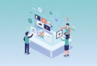 Isometric illustration of marketers using an AI-powered ad creation dashboard with floating ad creatives, analytics charts, and video-generation visuals