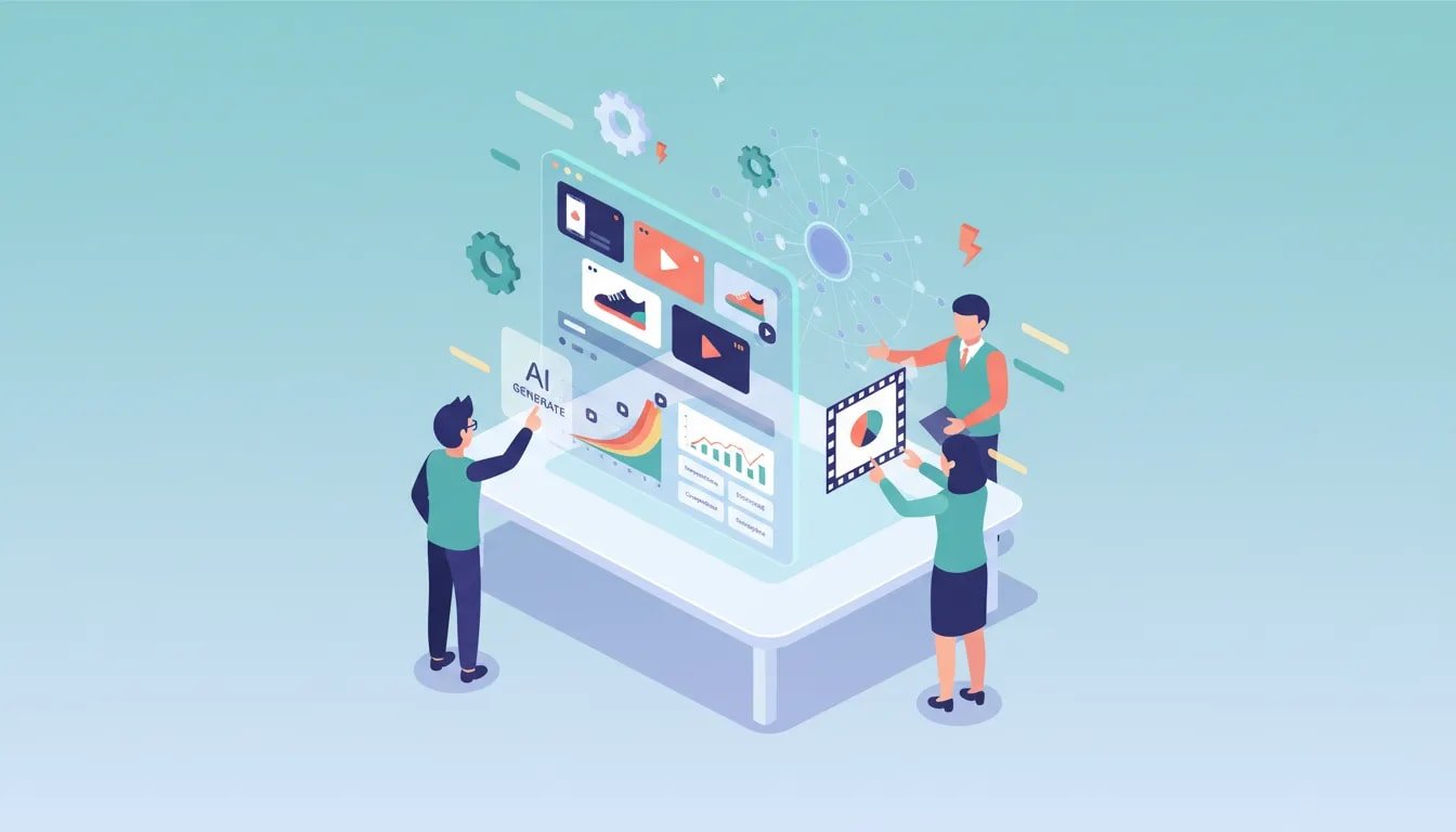 Isometric illustration of marketers using an AI-powered ad creation dashboard with floating ad creatives, analytics charts, and video-generation visuals