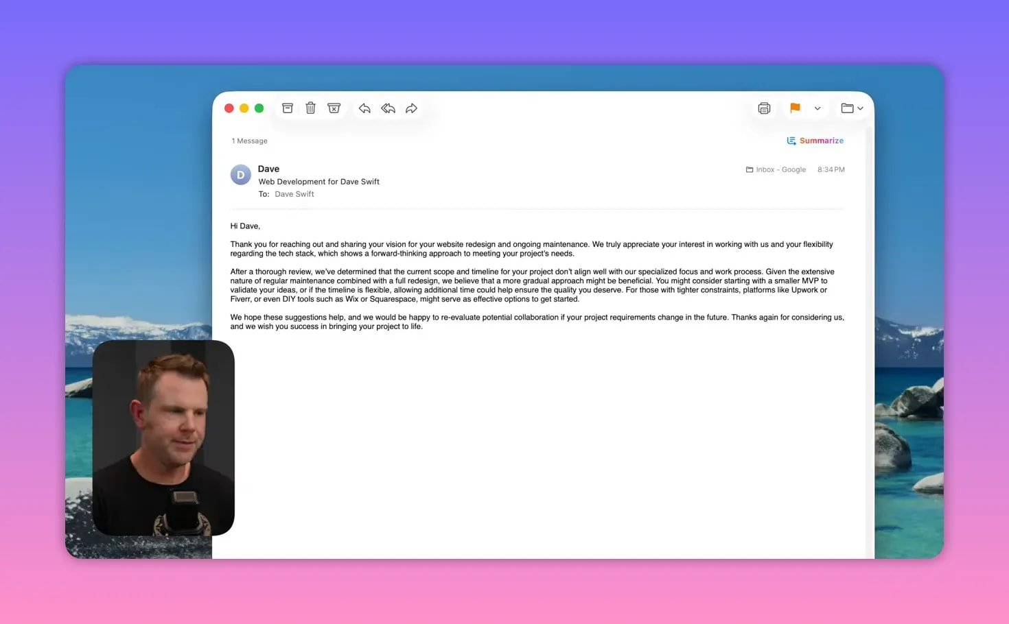 High-clarity screenshot of an AI-written follow-up email open in Gmail with a presenter thumbnail in the corner.