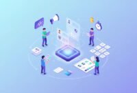 Isometric illustration of AI-assisted content creation with persona cards, brand color swatches, voice waveform and speed motifs