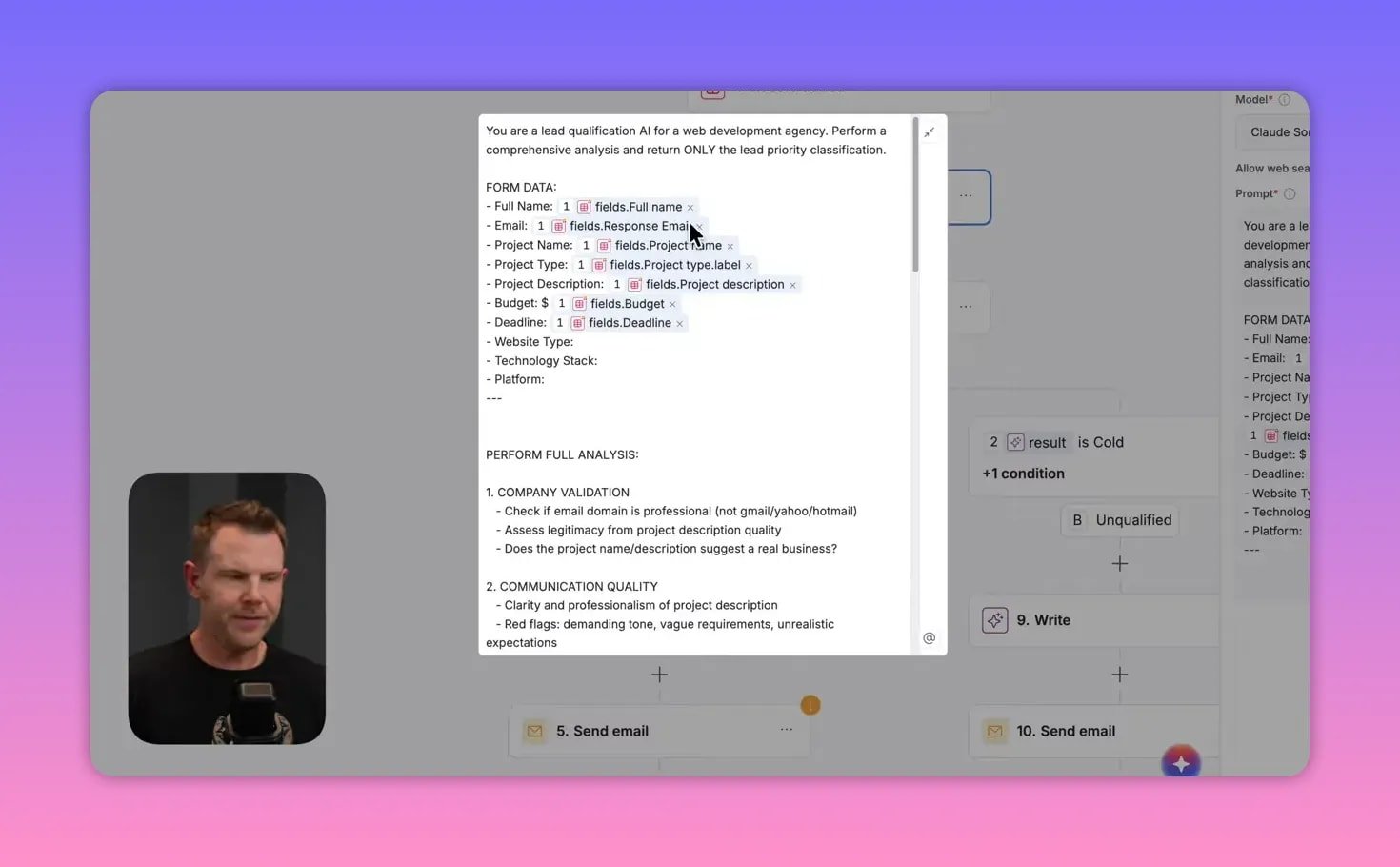Softr AI prompt modal with mapped form field tokens highlighted (Full name, Email, Project Name, Budget) demonstrating how form data is inserted into the prompt; workflow nodes visible behind and presenter inset bottom-left.