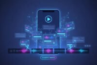 AI shorts generator illustration: a smartphone converting a long video timeline into multiple vertical short clips with holographic AI connections, waveform visuals, caption bars, dubbing globe and scheduling icons.