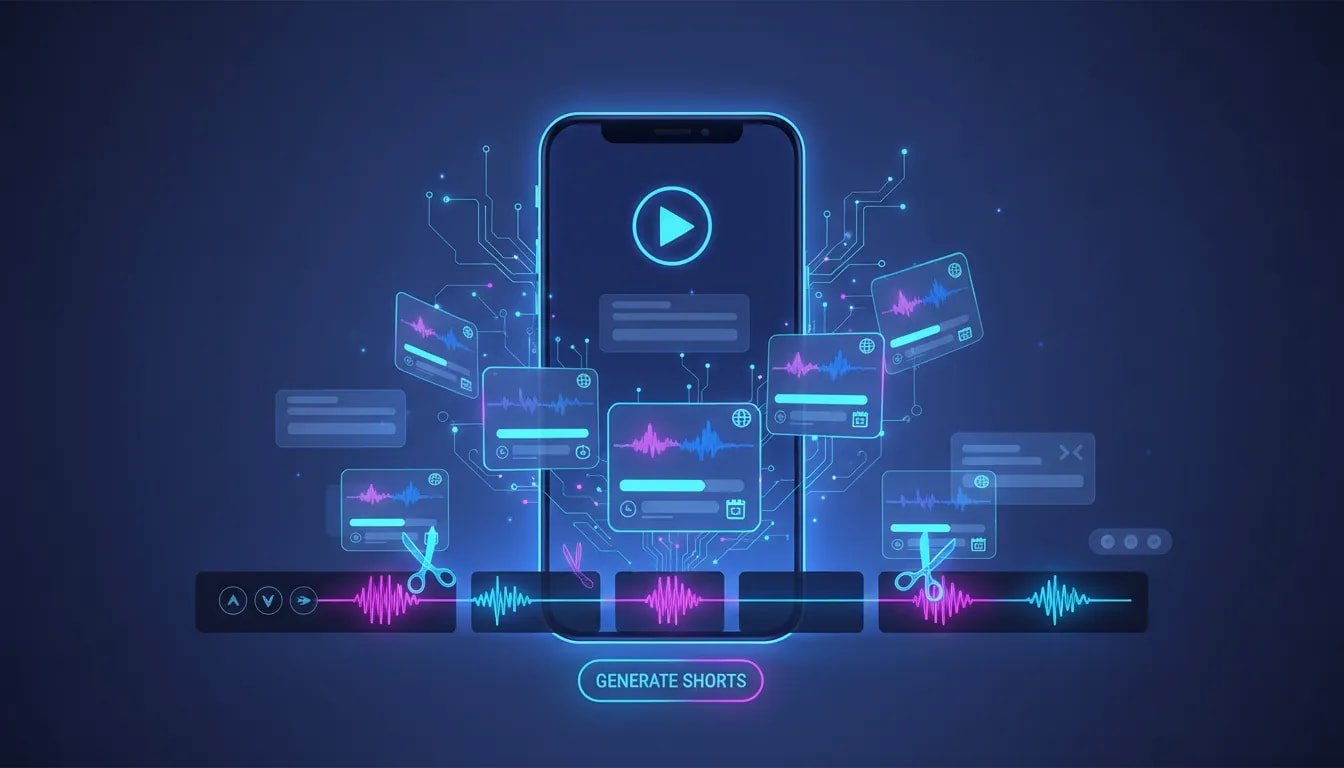 AI shorts generator illustration: a smartphone converting a long video timeline into multiple vertical short clips with holographic AI connections, waveform visuals, caption bars, dubbing globe and scheduling icons.