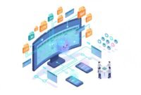 Isometric illustration of a no-code AI-powered spreadsheet platform with chat agents, automation flows, and device mockups