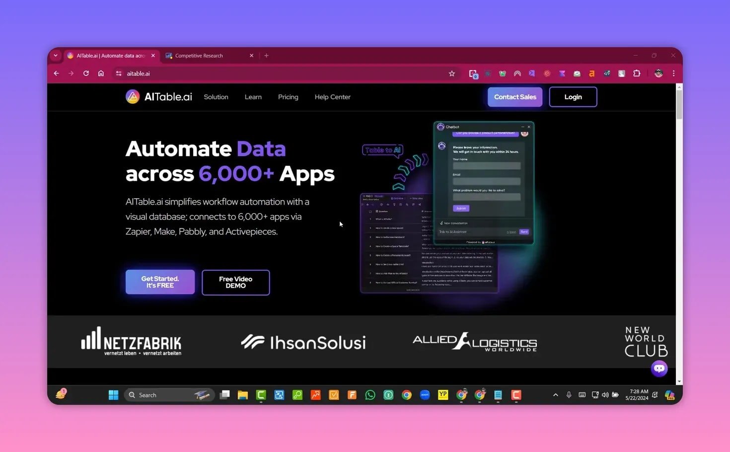 AITable.ai hero showing AI chatbox with visible contact form fields and automation messaging