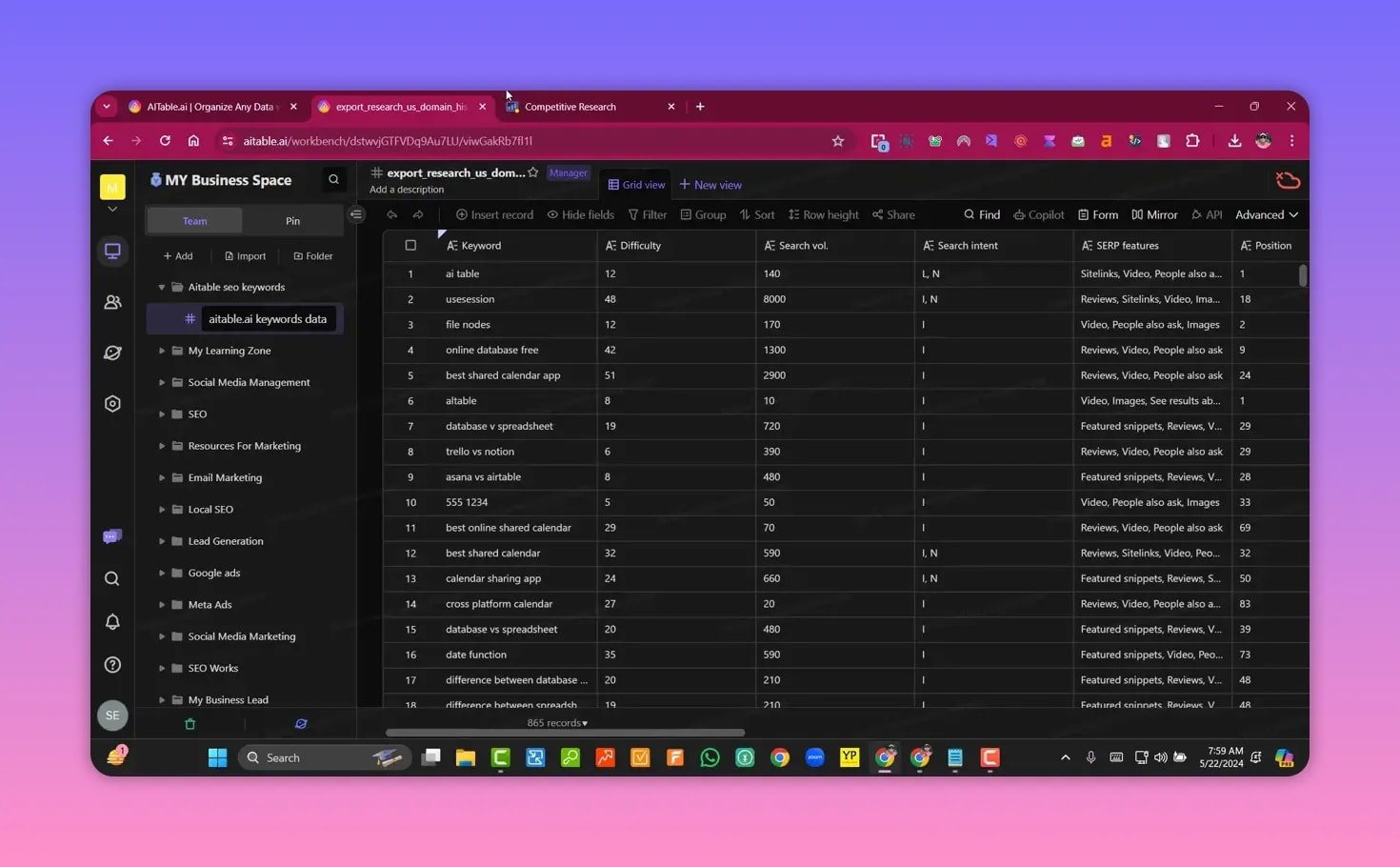 AITable grid showing an imported SEO keyword dataset with columns (Keyword, Difficulty, Search vol., Search intent, SERP features, Position) and 865 records.