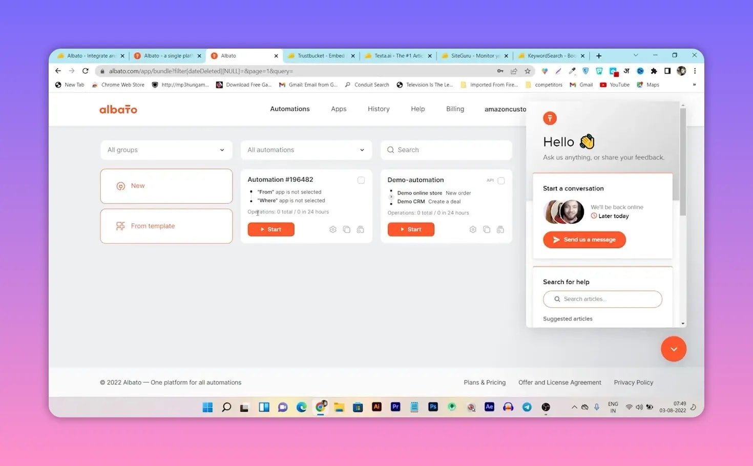 Clear screenshot of Albato automations dashboard with the live chat support panel open on the right