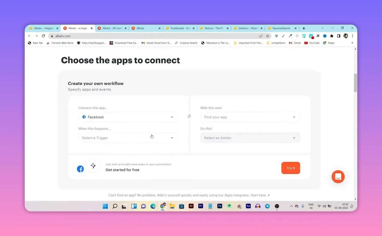 Albato app connector UI showing Facebook selected and the trigger dropdown
