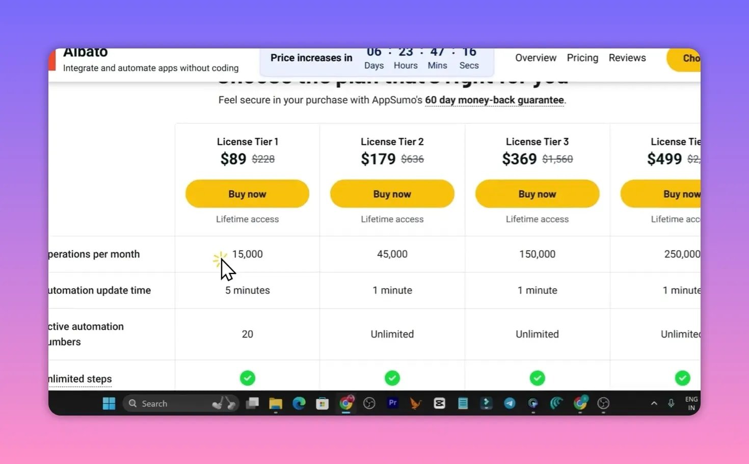 Close-up screenshot of Albato AppSumo pricing table highlighting the $89 tier and operations per month