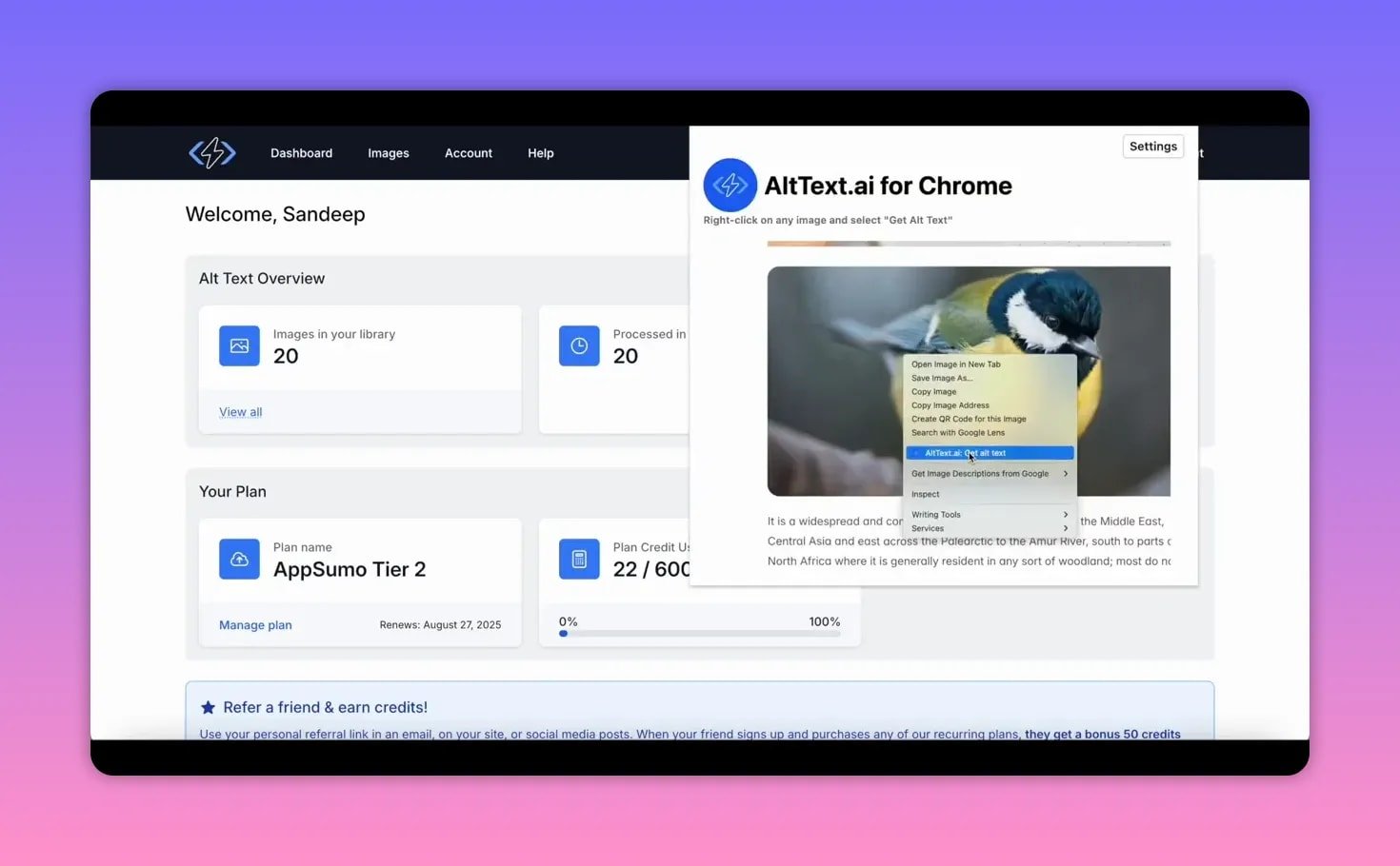 Chrome browser showing AltText.ai extension context menu with 'AltText.ai: Get alt text' highlighted over an image
