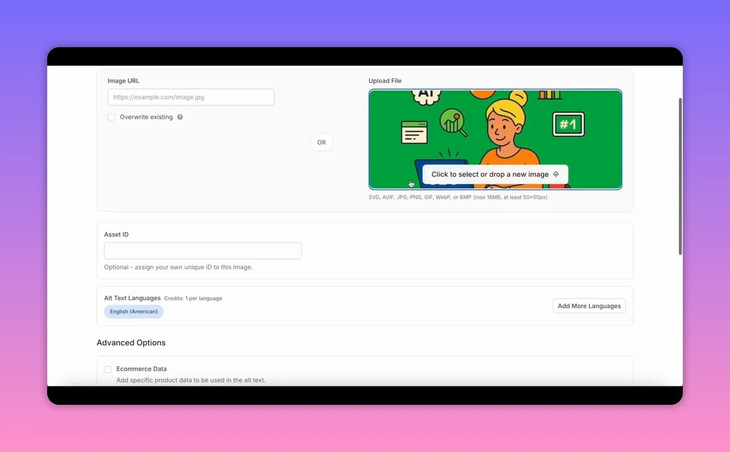 AltText.ai 'Add a New Image' screen with an image preview inside the upload box, Image URL field, Asset ID and Alt Text Languages sections visible.