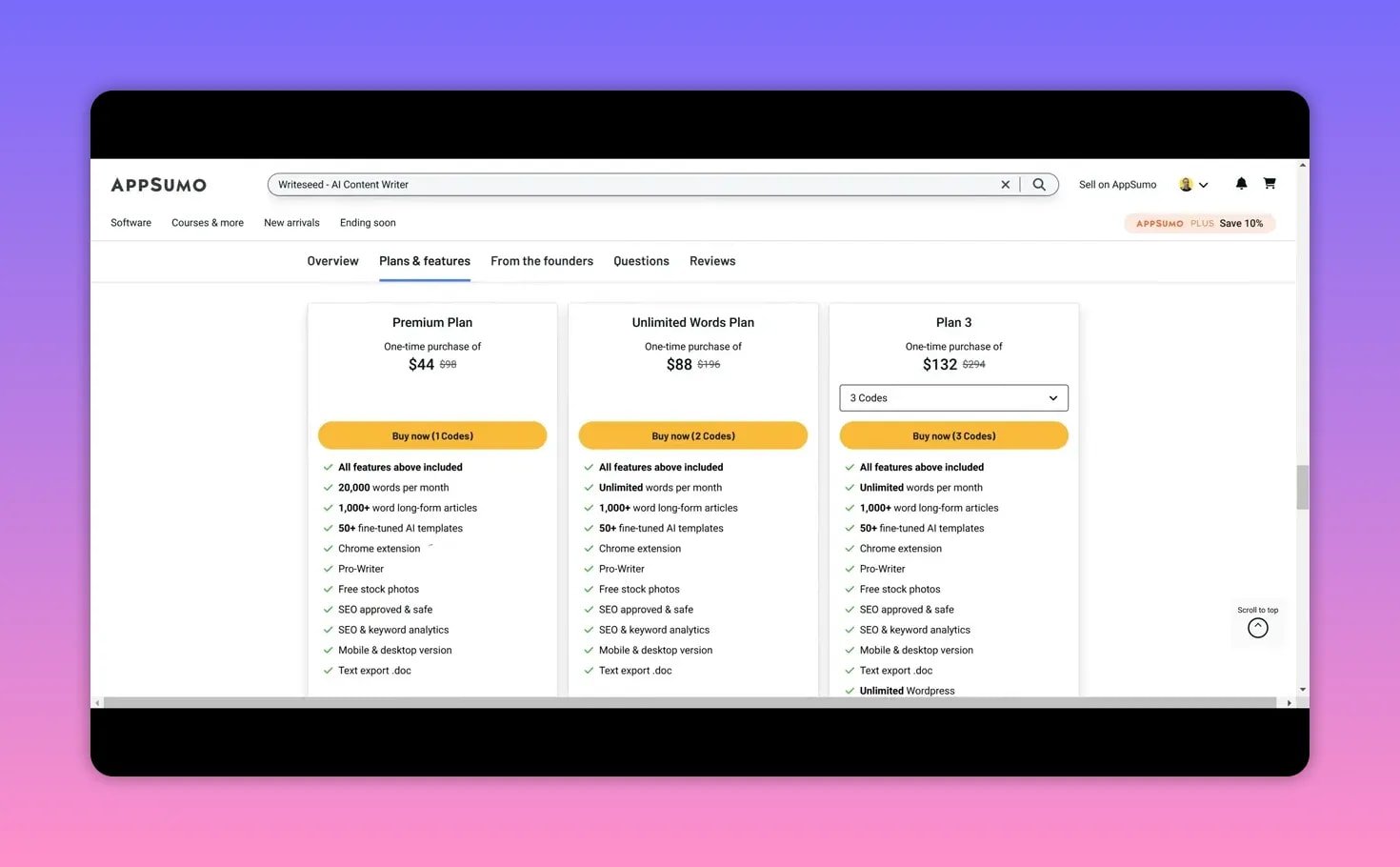 AppSumo pricing page showing three Writeseed plan cards with prices and feature checklists