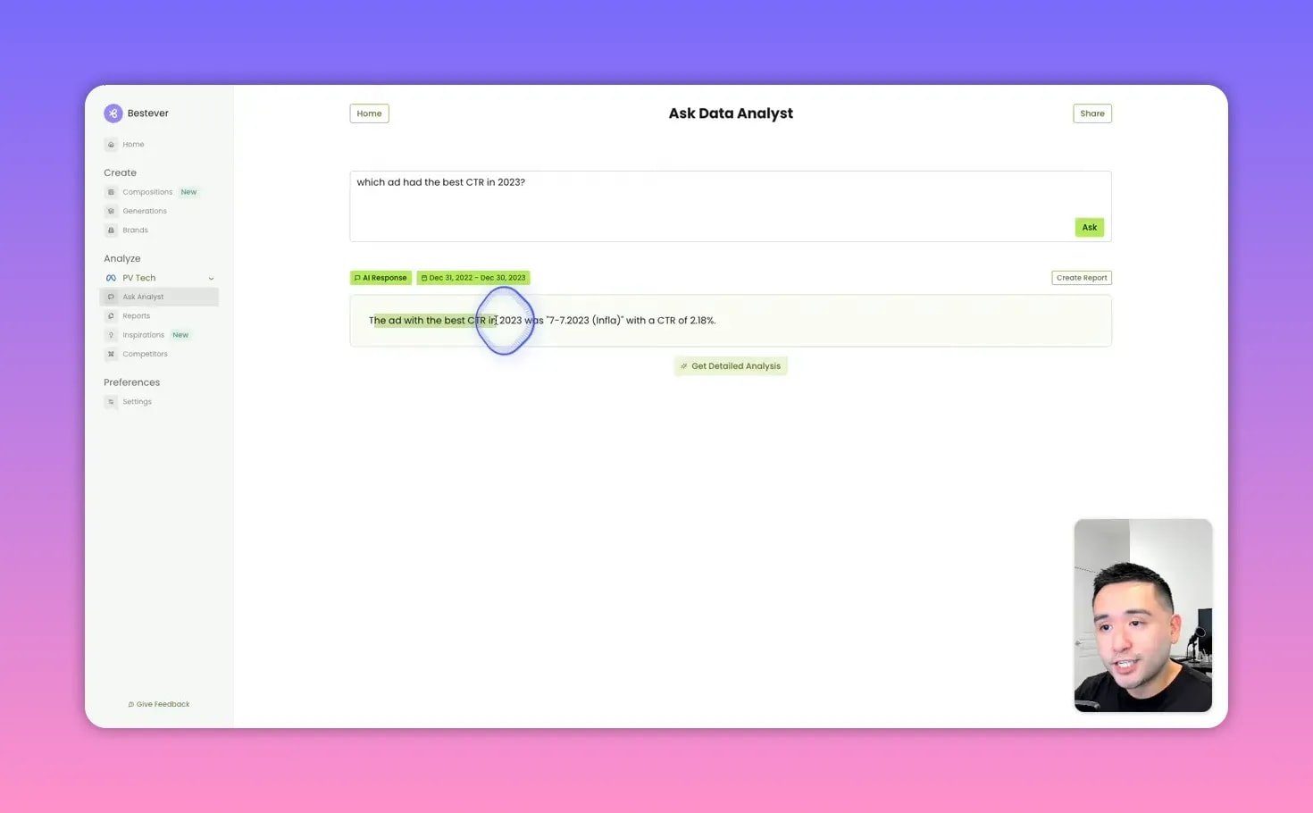 Bestever Ask Data Analyst showing the AI response: 'The ad with the best CTR in 2023 was...' with cursor highlight and presenter inset